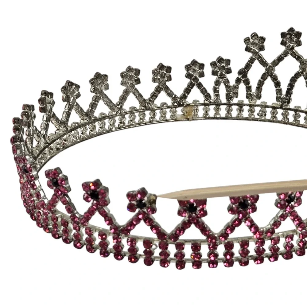 VTG Pink Black Rhinestone Crown Bridal Pageant Princess Cosplay 4 Prong Holders
